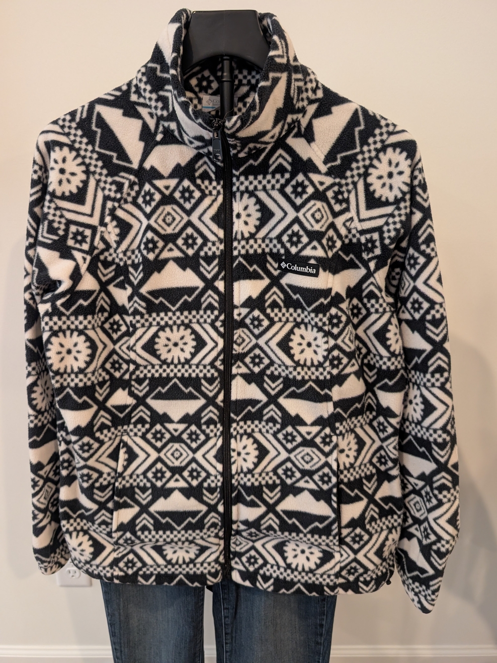 Columbia Women's L Black/White Geometric Jacket Full Zip Heavy Fleece Long Slv